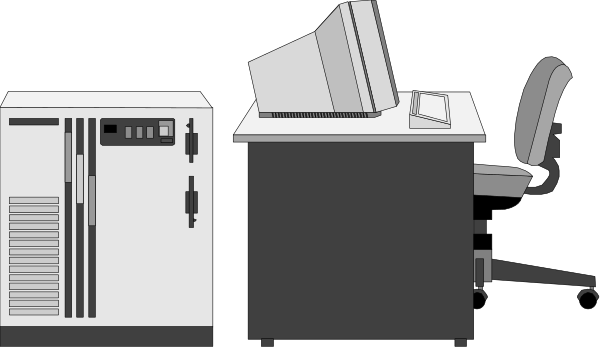 The black and white illustration shows a computer desk with two monitors on it; to its right is an office chair in front of another monitor that's turned off; below these items sits a desktop tower, keyboard, mouse, printer, scanner, and file cabinet; next to the equipment stands a mini fridge.