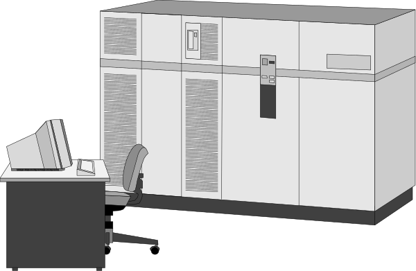 The black and white illustration shows a modern office space with an open floor plan layout featuring cubicles on either side of a central area where there is a desk equipped with computer equipment including monitors and keyboards, along with chairs for seating at each workstation.