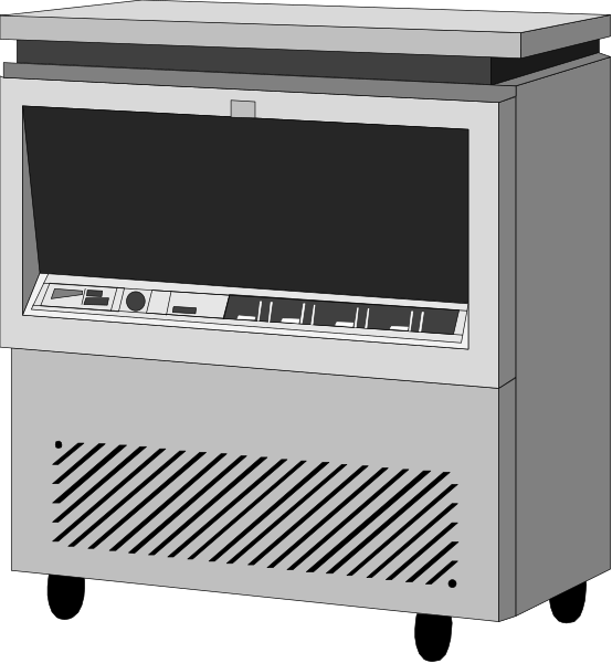 The image shows a gray vending machine with an open door on top of it against a black background.