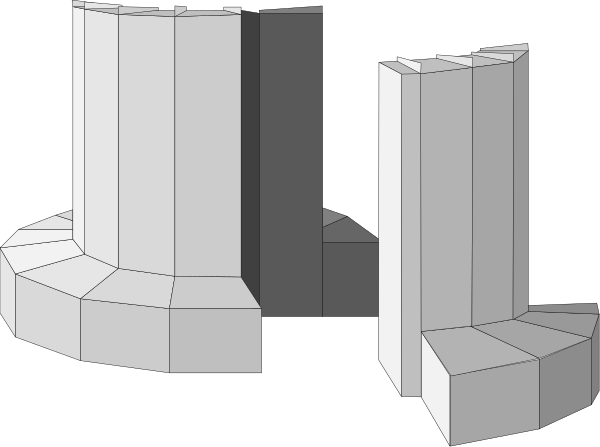 The image shows a black and white illustration of three geometric shapes: two cylinders with conical tops on either side forming an archway shape in front of them; one rectangular prism to their right, which appears disassembled into smaller cubes or blocks that are not connected together.