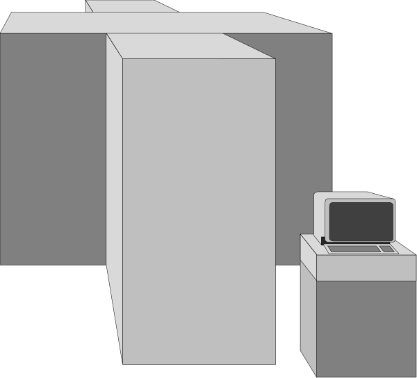The image shows a simple black and white illustration of an office cubicle with furniture such as desks, chairs, computer monitors, keyboards, mice, file cabinets, shelves, and other typical items found in an office environment.