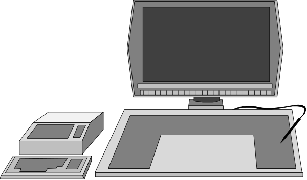 The black and white illustration shows a computer monitor on top of an open laptop with two keyboards beside it; to its right is another keyboard in front of what appears to be a printer.