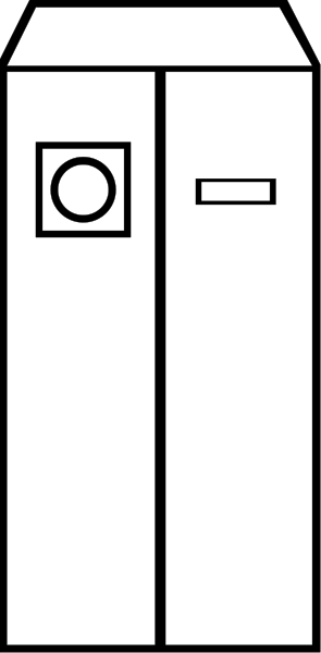 The black and white line drawing shows a refrigerator with its door open to reveal shelves inside.