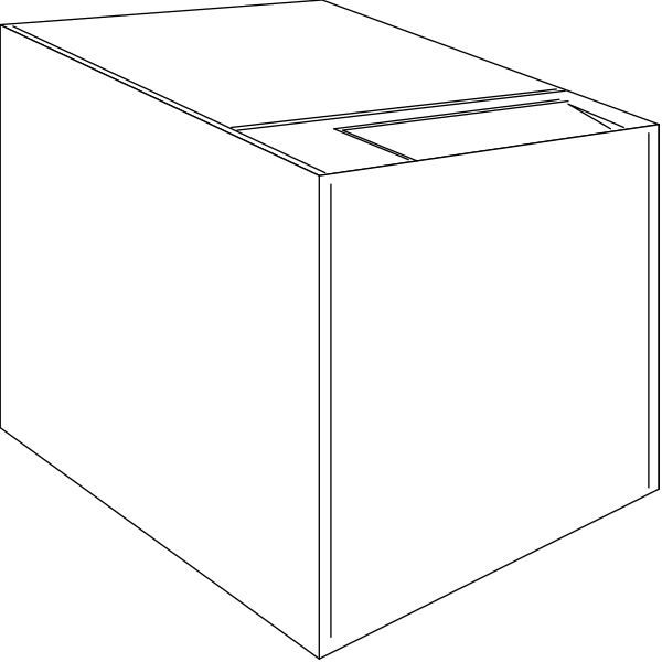 The image shows a black and white line drawing of two boxes stacked on top of each other with an open flap at one end revealing contents inside it.