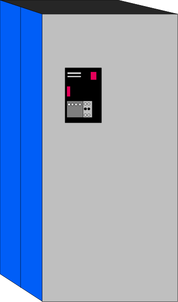 The image shows a blue vending machine with two buttons on its front panel against an indistinct background that appears to be grayish-brown in color.