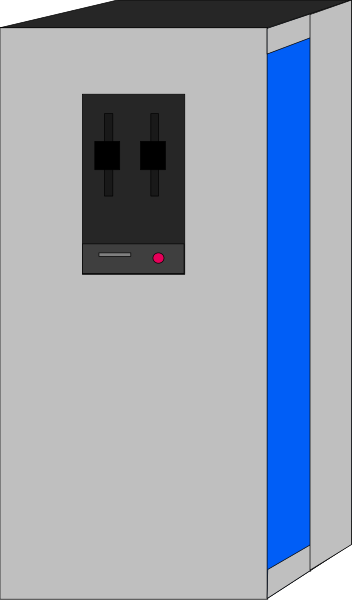 The image shows a digital thermostat with blue lighting on its screen set against an off white background that has been edited to appear as if it's in shadow.