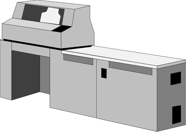 The black and white illustration shows a large industrial printer with an open door on top of it next to what appears to be its control panel.