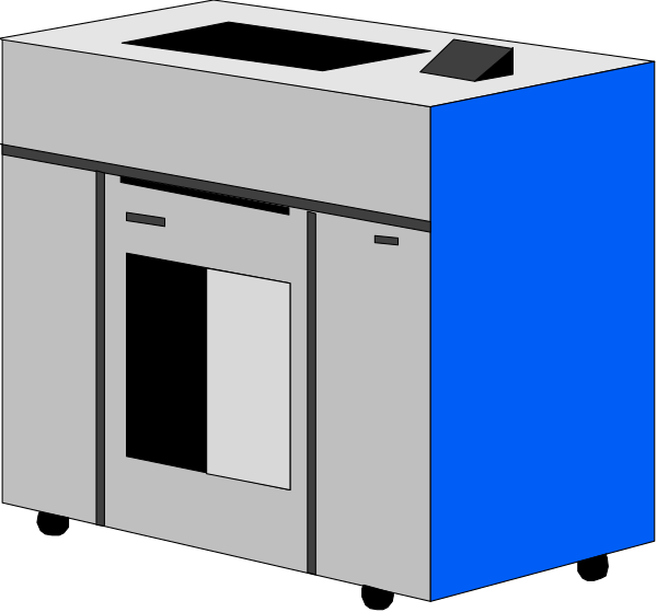 The image shows a blue oven with an open door placed next to another appliance that appears to be either a microwave or dishwasher in white coloring against a black background.