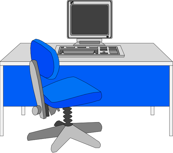 The image shows a simple office setup with an empty desk featuring a computer monitor on top of it next to what appears to be keyboard keys, two chairs—one blue in front of the desk and another white chair behind it—and a black desktop background that resembles space or night sky.