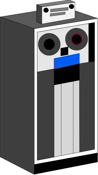 The image shows a black and white illustration of an upright refrigerator with two doors on top, each featuring what appears to be eyes and mouths drawn in red ink.