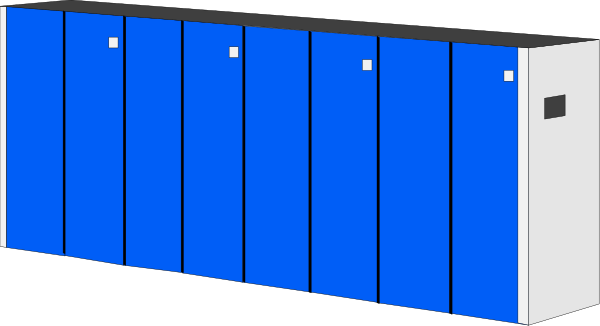 The image shows a blue storage unit with white doors on top of it against an indistinct background.