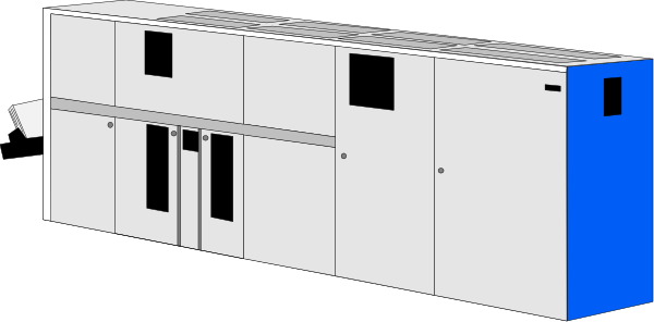The image shows a blue truck with white doors parked on an unseen surface at nighttime.