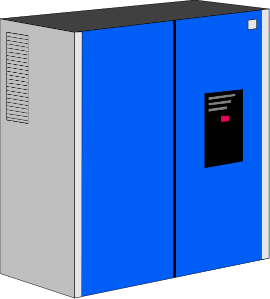The image shows a blue refrigerator with an open door on its right side against a dark background.