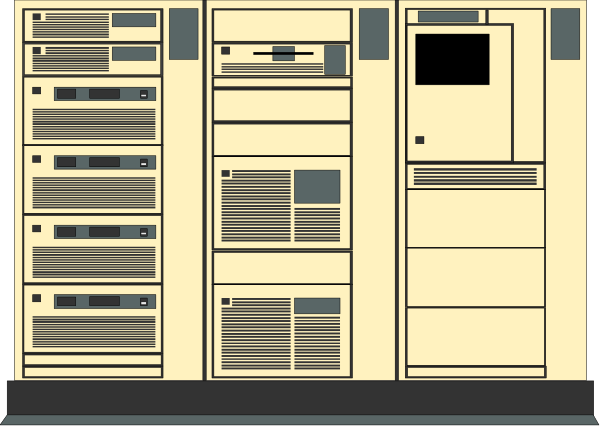 The image shows a stylized representation of an old computer server rack with multiple units inside it against a plain background.