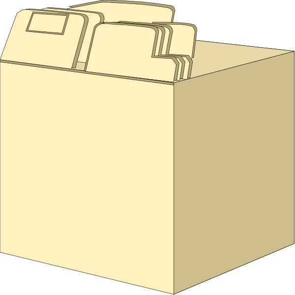 The image shows a three-dimensional representation of an open filing cabinet with several folders inside it against a black background.