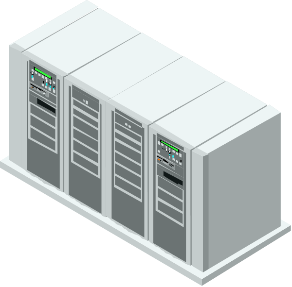 The image shows a three-dimensional rendering of an IT rack with multiple servers inside it against a white background; there is no text present in this clip-art illustration.