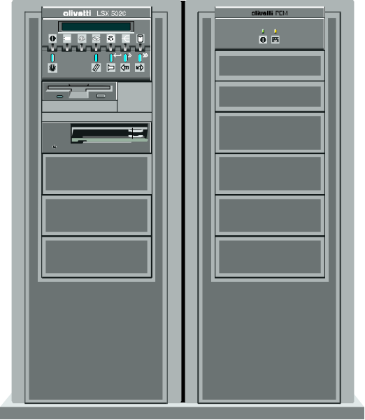The image shows two computer servers with a control panel between them on top of each server unit.