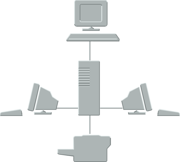 The image shows a computer workstation with multiple monitors on stands, keyboards below each monitor, two mice to their right side, an office chair in front of one keyboard, and what appears to be a printer atop another stand behind it all.
