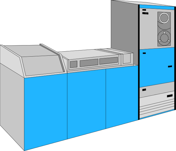 The image shows a blue office printer with two paper trays on top of it next to an open cabinet that has three shelves inside.