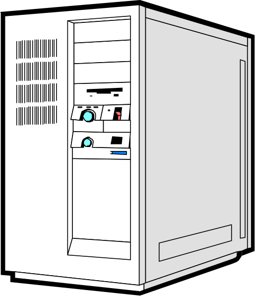 The image shows a computer tower with various ports on its front panel against a black background.