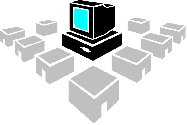 The image shows a black and white pixelated representation of an abstract design with various shapes that resemble boxes arranged around what appears to be a central point in different orientations; there is no text present within this small clip-art image, which focuses on geometric forms rather than specific objects or actions.