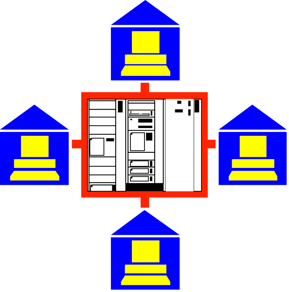 The image shows a diagram with six interconnected boxes representing computers connected to each other by lines that form an octagon shape around them; in the center of this arrangement is another box depicting what appears to be a server, and there's also one additional computer outside the central group on its own.