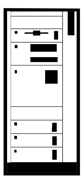 The image shows a black and white pixelated representation of an old computer tower with various buttons on its front panel.