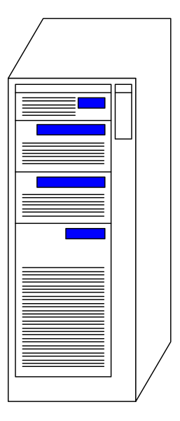 The image shows a computer server with multiple racks of hard drives inside it against a gray background.