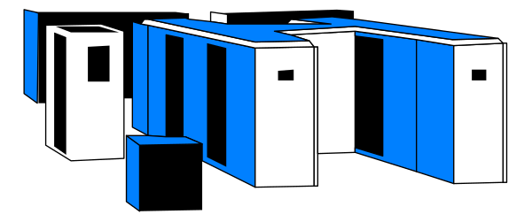 The image shows a row of blue filing cabinets with white handles against a dark background.