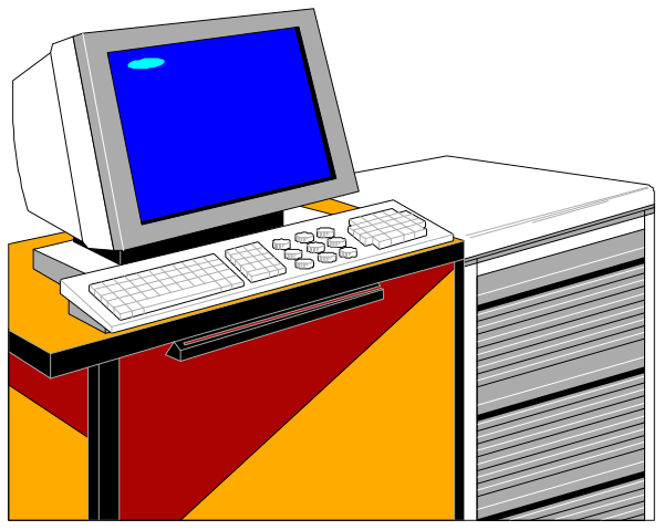 The image shows a computer desk with an old desktop monitor on top of it next to what appears to be a keyboard and mouse.