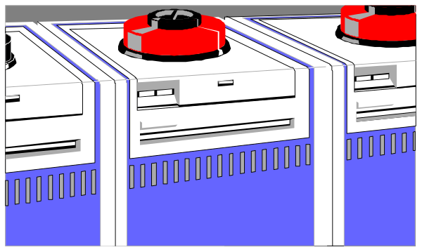 The image shows a series of three identical refrigerators with red handles lined up side by side against a blue background that resembles water.
