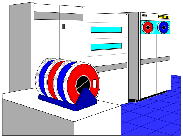 The image shows a room with various electronic equipment including machines that resemble computer servers on shelves against blue walls under fluorescent lighting; there is also an object in front of one machine that looks like it could be used for data storage, and to its right stands another piece of machinery which appears similar but has red stripes.