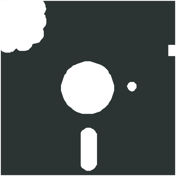 The image shows a black icon of an old floppy disk drive with two white dots on it against a dark background.