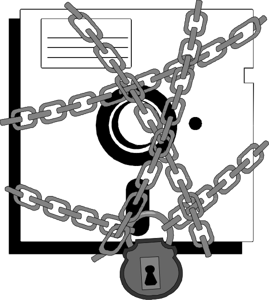 The image shows a padlocked envelope with chains around it containing an open book that has been marked out by red lines to indicate censorship; there is also a keyhole visible on one side of the lock indicating where the key would be inserted, and two black dots representing eyes are drawn over the top right corner.