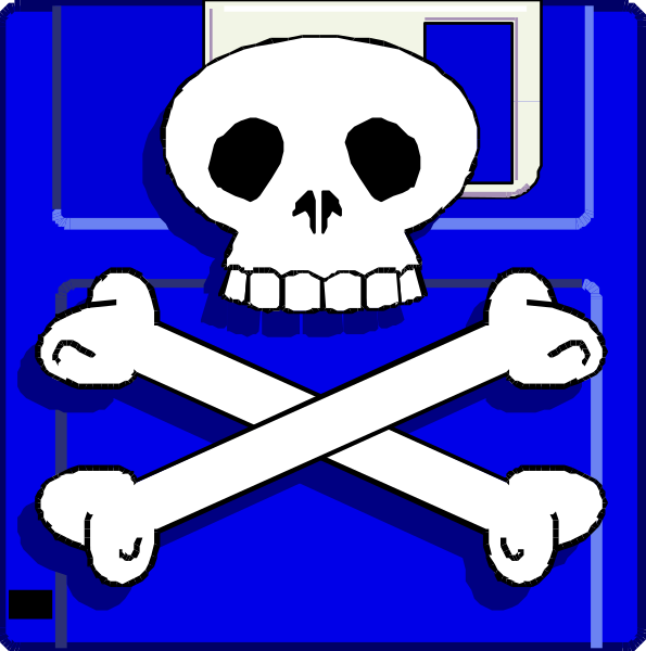 The image shows a blue computer monitor with two skulls crossed over it; on top of each other is an icon resembling Windows 95's start menu logo in white text against a black background, and below that is another symbol representing piracy or hacking culture due to the presence of bones. There are no texts visible within this image. The style appears cartoonish with bold outlines around objects for emphasis on their shapes rather than realistic detailing.