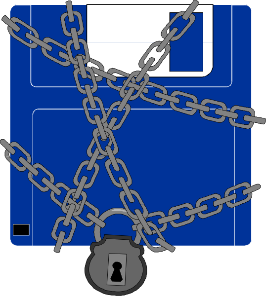 The image shows a blue floppy disk with chains around it, symbolizing data protection or security measures for digital files.