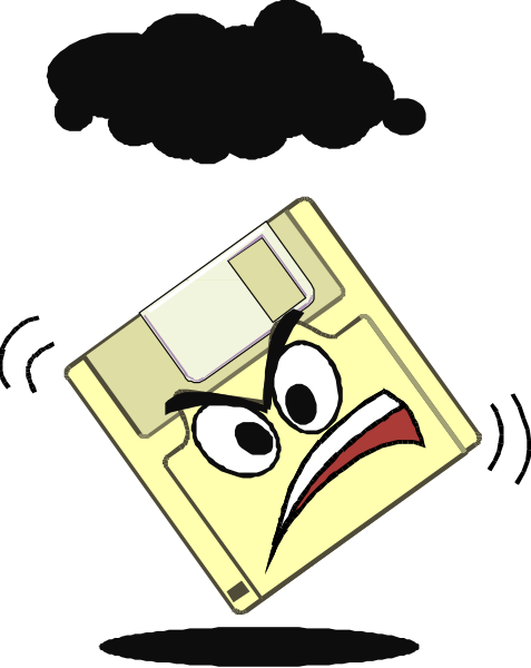 The image shows a cartoon of an angry floppy disk with eyes on it flying through space above what appears to be a computer keyboard in front of which is floating a cloud labeled "error."