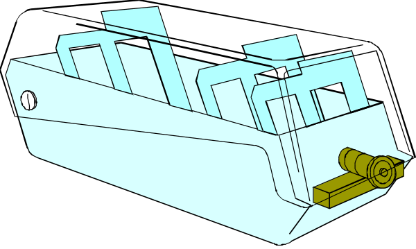 The black and white illustration shows a simple mechanical device with various parts such as gears, springs, levers, and pulleys arranged in an orderly fashion on what appears to be a dark background.