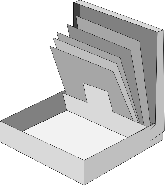The image shows a three-dimensional rendering of an open book with pages fanned out to display their contents from both sides simultaneously; it is presented in grayscale tones without any color information provided.