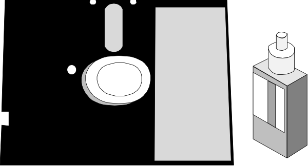 The image shows a simple black and white illustration of bathroom items: toilet paper roll on left side with two rolls stacked vertically; sink in center right corner without any visible faucet or basin, but there is an object that appears to be soap next to it; toothbrush holder containing one brush positioned horizontally above the sink.