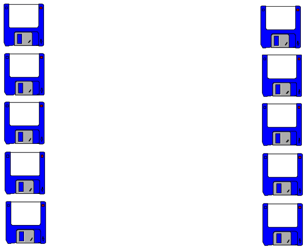 The image shows a computer screen with multiple windows open on it displaying various icons that resemble floppy disks in different sizes and orientations against a dark background. There is no text present within this clip-art representation of an old operating system interface, which gives off the vibe of nostalgia for early computing days when such interfaces were commonplace on desktop computers before graphical user interfaces became standardized with modern operating systems like Windows and macOS.