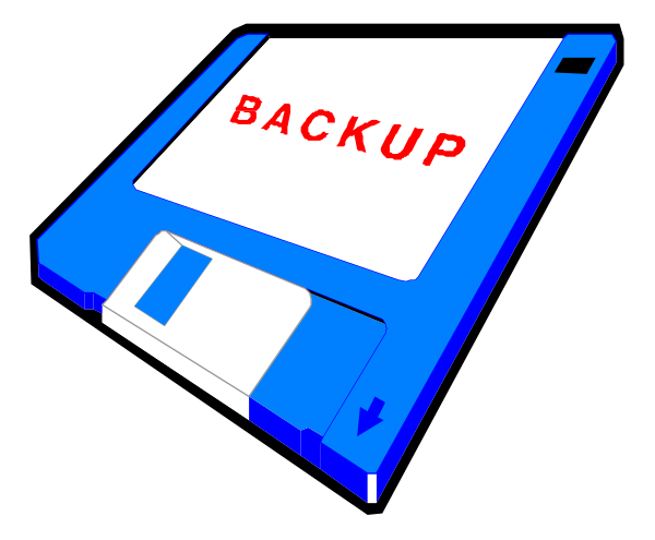 The image shows a floppy disk with text on it that reads "BACKUP" next to an icon of what appears to be a computer hard drive.
