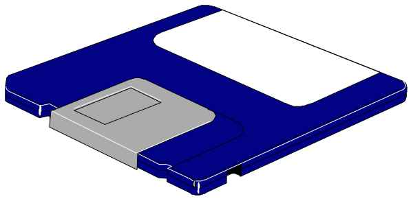 The image shows a blue floppy disk with an eject button on top of it against a black background.