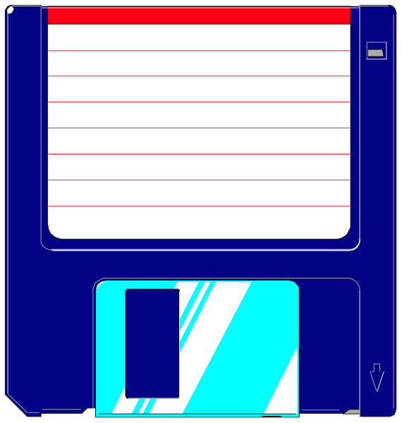 The image shows a blue floppy disk with an open cover revealing blank white space inside it, placed on top of another similar closed disks in front of what appears to be a computer monitor displaying red lines and text that is not legible due to its small size within this clip-art.