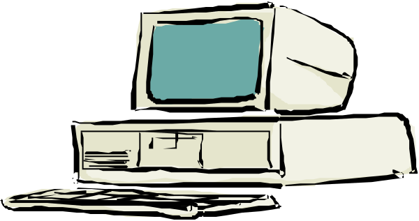 The image shows a computer monitor on top of an old desktop computer with a keyboard to its right side against a dark background.