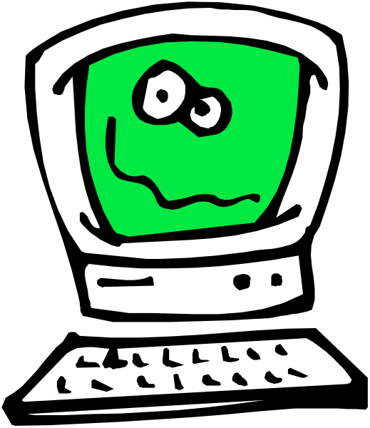 The black and white cartoon shows a computer monitor with an animated face drawn on it next to a real keyboard of a desktop computer.
