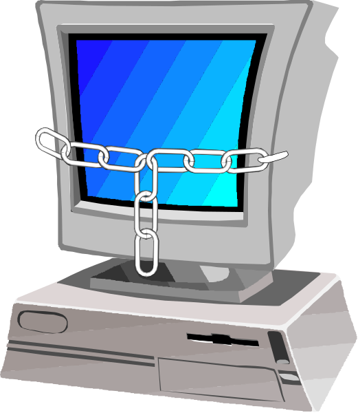 The illustration shows a computer monitor with chains hanging from it on top of an actual desktop PC tower.