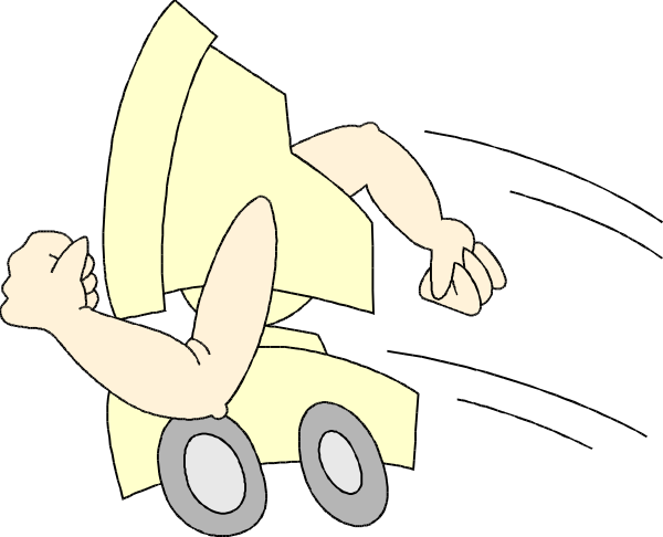 The cartoon shows a man pushing an overturned truck with his bare hands against a black background.