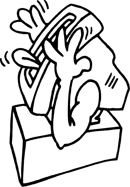 The black and white cartoon shows a person with their hands up to ears as if shouting into them while standing on top of an open box that has been knocked over onto its side in front of it.