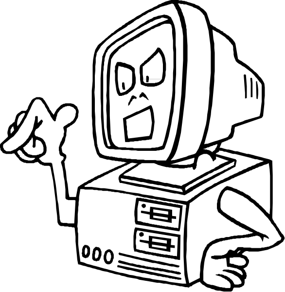 The black and white illustration shows two cartoon robots with a speech bubble between them; on the left robot is pointing to its right arm while gesturing towards it with both hands raised in front of itself, as if explaining something about that part of its body or making an argument for why humans should not be allowed near computers.